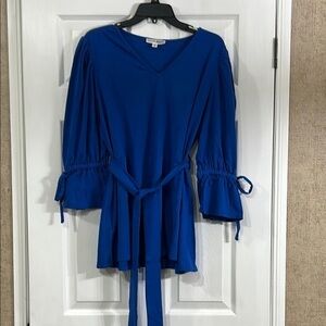 Blue V-Neck Blouse with Tie Waist
